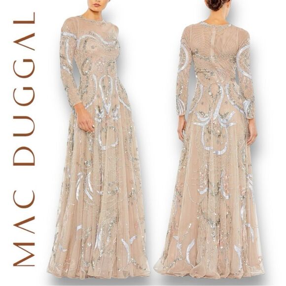 MAC DUGGAL Women’s Long Sleeve Embellished Illusion Evening Gown in the Size 18 - Picture 2 of 14